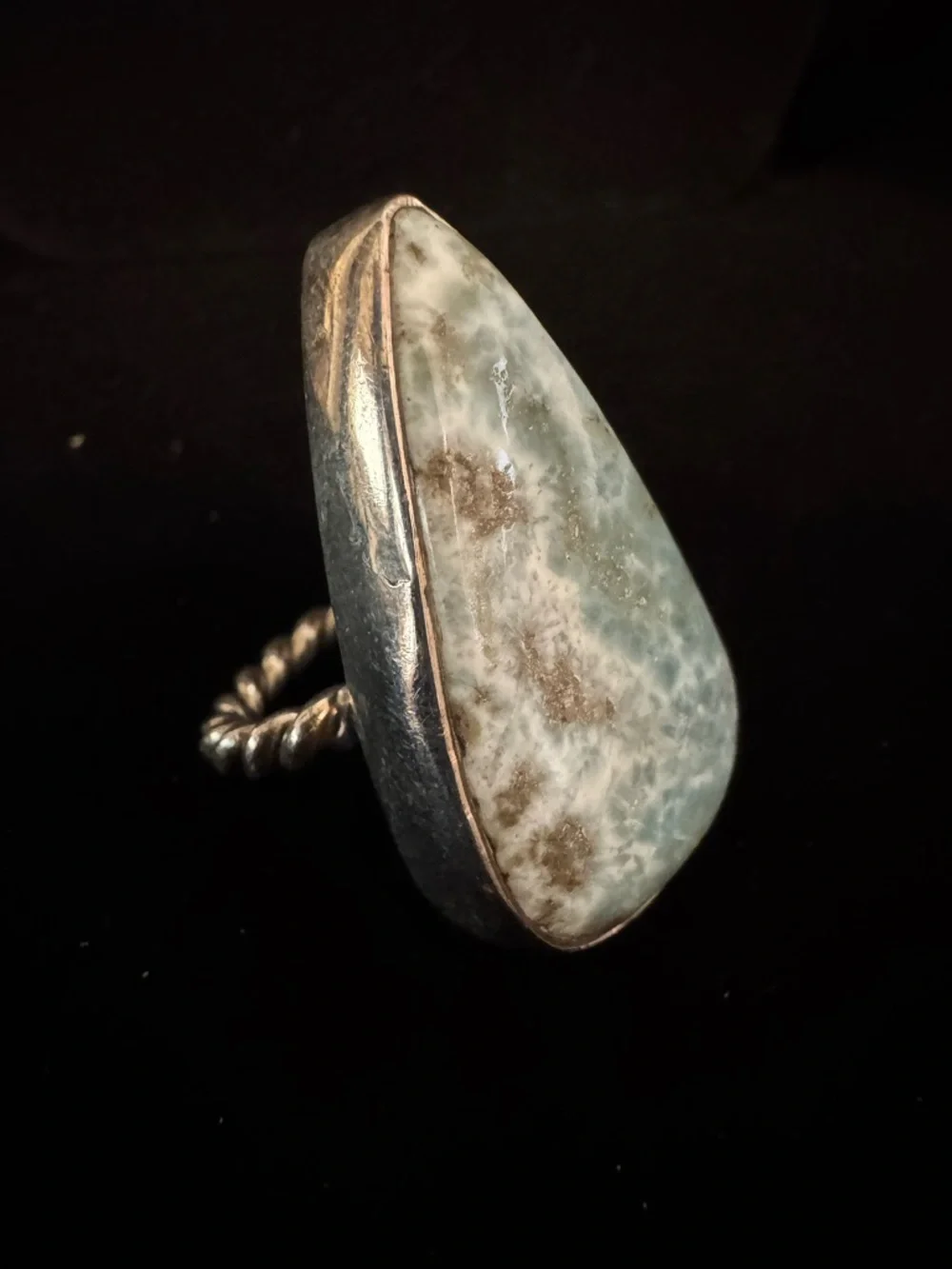 Handcrafted sterling Silver Ring with Light Blue natural larimar Teardrop‎ Stone
